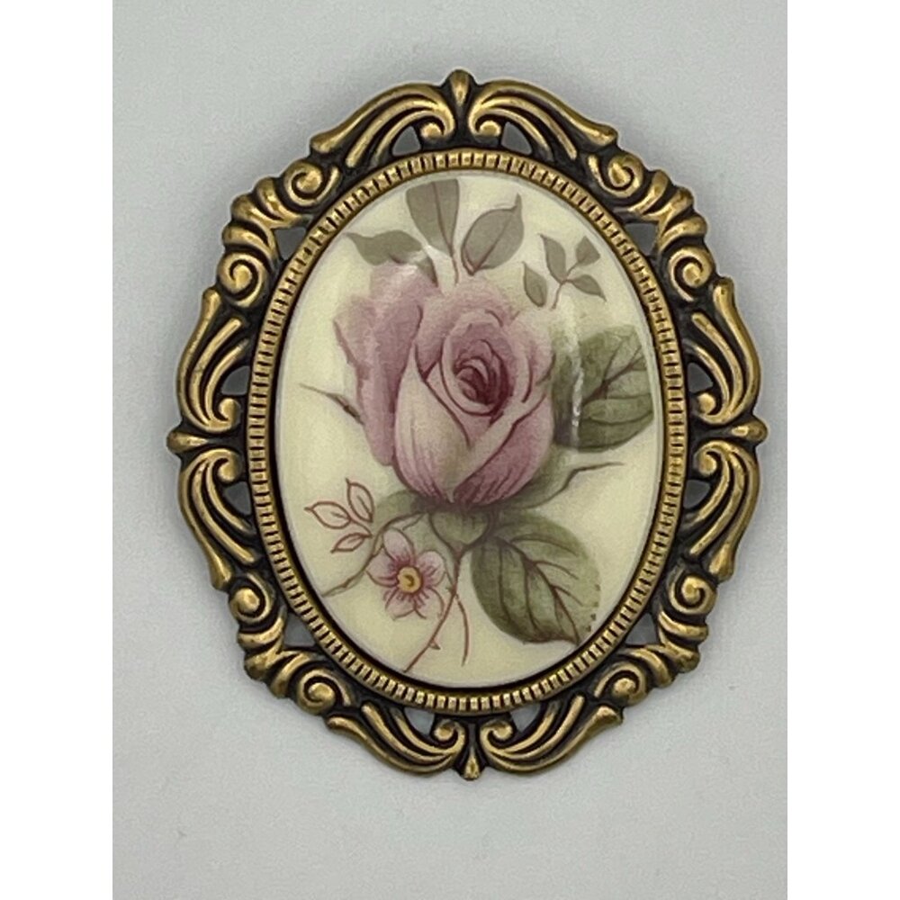 Oval Vintage Brooch Gold Tone Setting Floral Design 2"